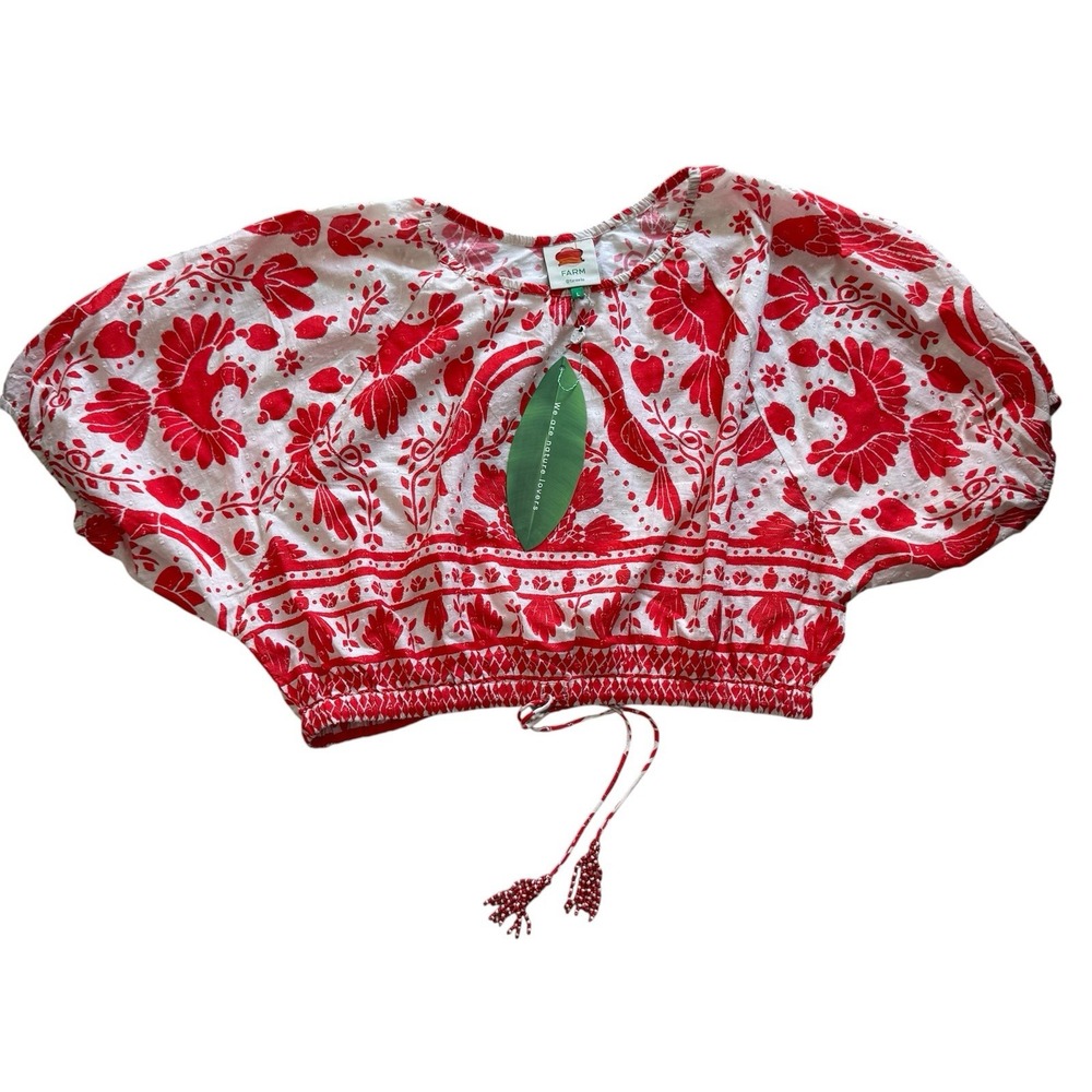 $135 NWT Farm Rio Jungle Flow Crop Top Sz L Red White Organic Cotton Boho